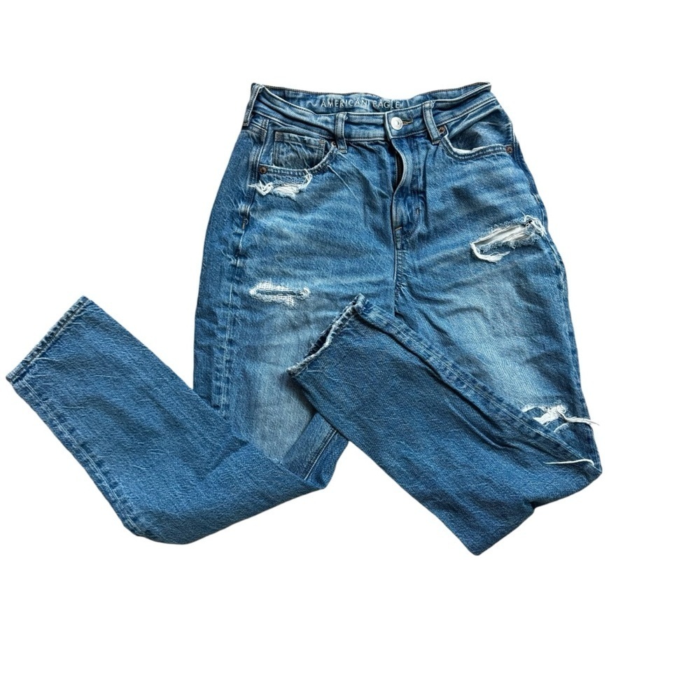 American Eagle AEO Women's Mom Straight Jeans Size 2 Distressed Blue Denim - Picture 3 of 11